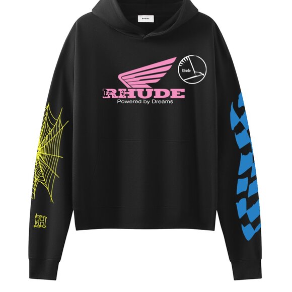 Rhude Black 'Powered by Dreams' Wing & Spider Web Graphic Print Hoodie - Picture 1 of 8